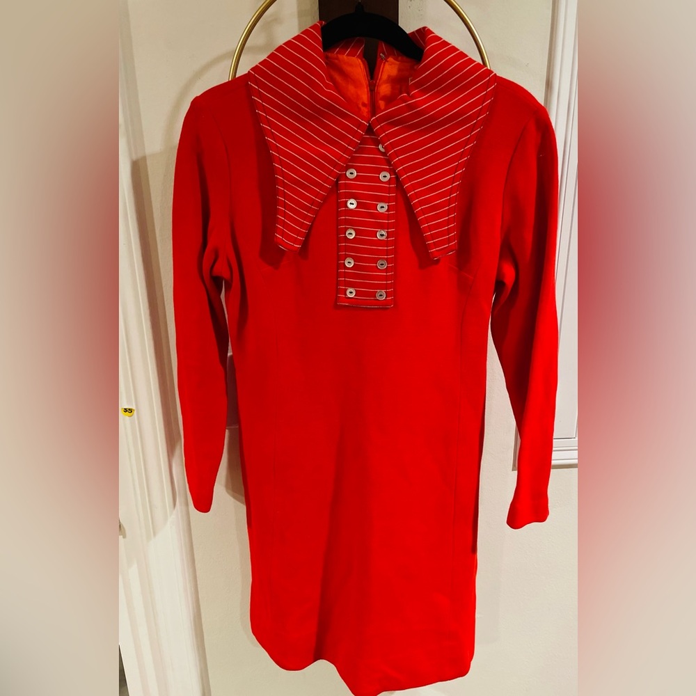 *VINTAGE* Red Long-Sleeve Dress with Striped Collar- MED